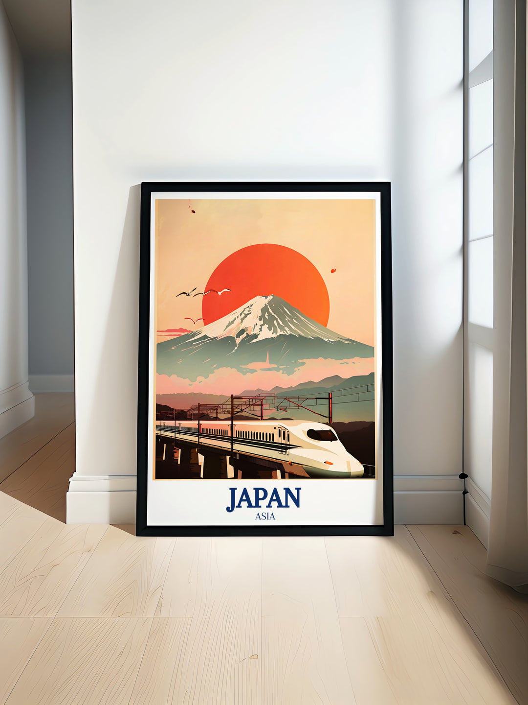 Nozomi bullet train travel print featuring the modern design and speed of Japans famous train. This art print blends technology with beautiful scenery, making it an ideal gift for those fascinated by travel and innovation.