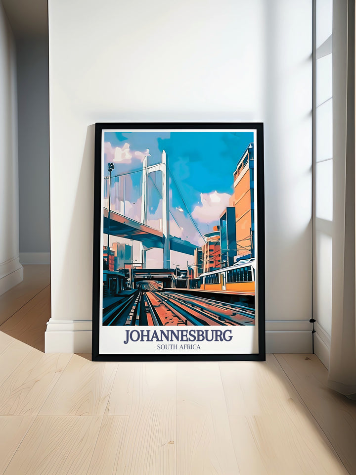 A digital poster print of Johannesburgs skyline, showcasing the Nelson Mandela Bridge and Park Station. Perfect for those who love travel, architecture, and the vibrant energy of South African cities.