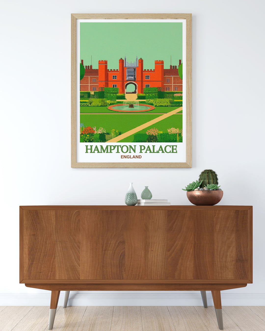 Our Hampton Palace poster print beautifully captures the grandeur of one of Englands most iconic royal residences. The intricate details highlight the palaces stunning Tudor architecture, complete with its ornate brickwork and majestic towers. This high quality print is perfect for history enthusiasts and art lovers alike, bringing a touch of regal elegance to your home decor.