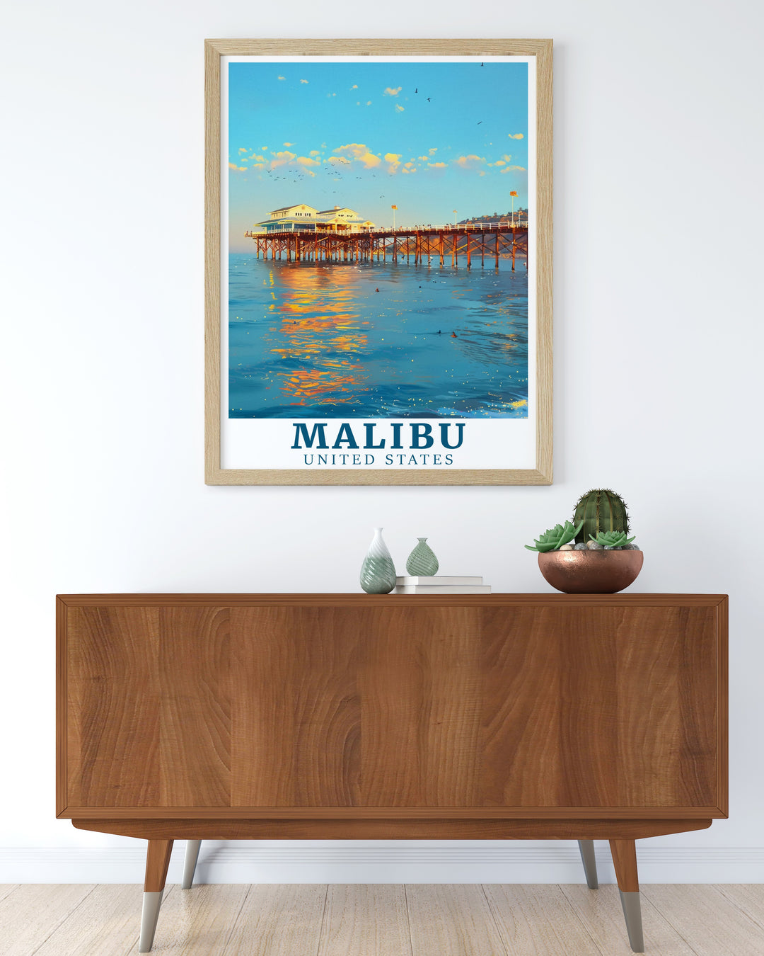 This beautiful Malibu poster print showcases the iconic Malibu Pier and Californias coastline. Ideal for art lovers and travelers, this travel print brings the relaxing vibes of Malibu into your home, perfect for living rooms or offices.