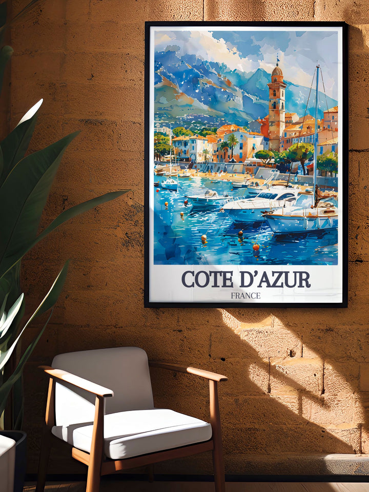 A travel print of Côte dAzur featuring Cannes Harbour, perfect for home décor or gifting. This artwork brings the essence of the French Riviera into your space, showcasing the beauty of Frances Mediterranean coastline.