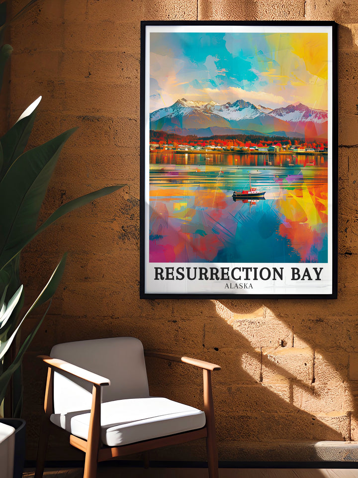 Bring the dramatic landscapes of Resurrection Bay, Seward Town, and the Kenai Peninsula into your home with this Alaska travel poster. The artwork captures the essence of Alaskas wild beauty, perfect for any adventurer or nature lover.