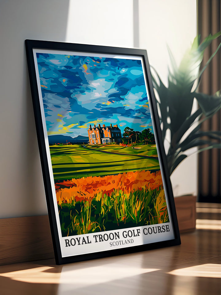 Royal Troon golf course print with Marine Troon and Ayrshire coastline brings the iconic Scottish landscape into your home a beautiful piece of golf artwork perfect for collectors and golfers celebrating the prestige of open golf tournaments like Augusta National