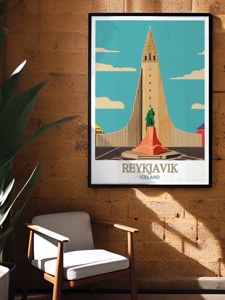 Hallgrímskirkja travel poster capturing the majestic beauty of Reykjaviks most famous church, with its unique design and towering presence. This detailed wall print is perfect for those who appreciate Icelands architectural and cultural treasures.