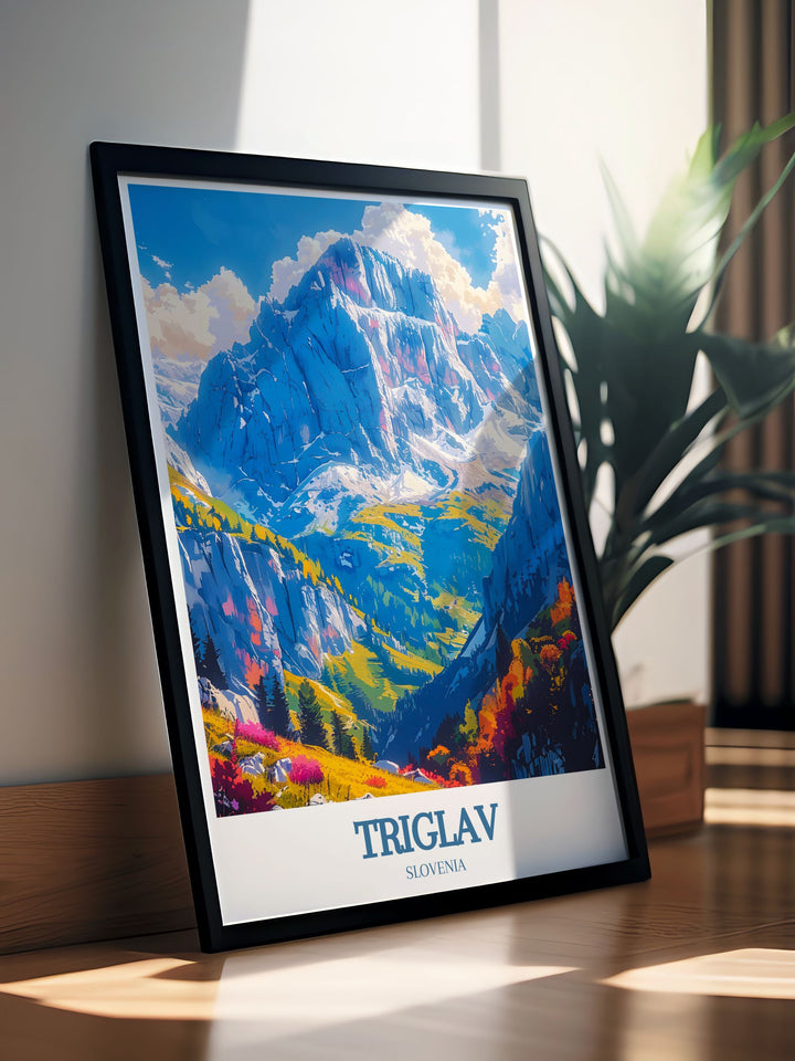 Triglav Peak vintage travel print offering a timeless depiction of Mount Triglav and Lake Bled Slovenia perfect for those who have Slovenia travel on their bucket list and want to add a touch of elegance to their home decor.