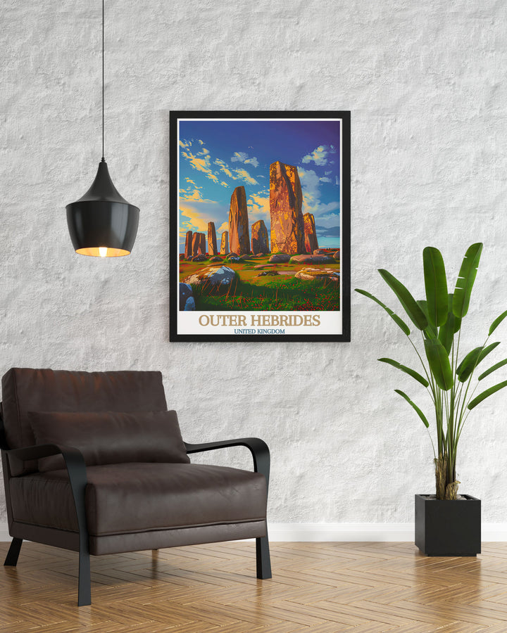 Beautifully framed print of South Uist and Callanish Standing Stones offering a glimpse into the enchanting scenery of the Scottish islands perfect for wall decor