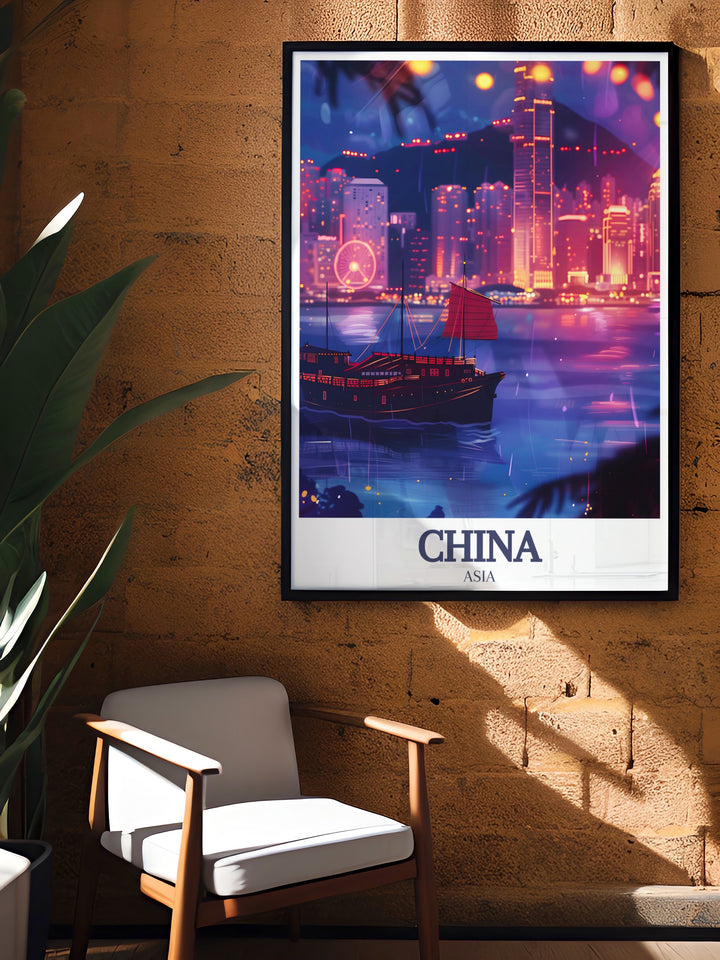 Bring the beauty of Victoria Harbour into your home with this stunning Hong Kong travel poster. The detailed illustration captures the skyscrapers of Hong Kong Island reflected in the peaceful waters of the harbour. Ideal for personal decor or as a gift for those who love travel and urban landscapes, this China canvas art adds elegance and cultural depth to any room.