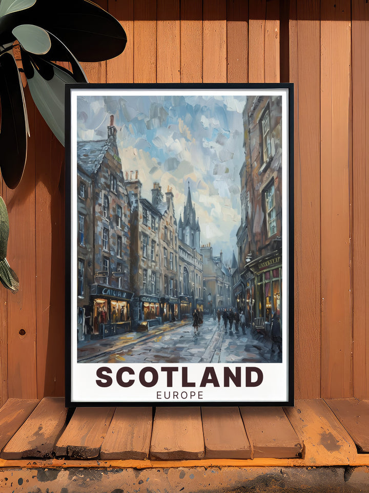 Beautiful Loch Lomond travel poster showcasing the still waters of the lake against a backdrop of misty hills. This Scotland print is a must have for fans of the Highlands and national parks.