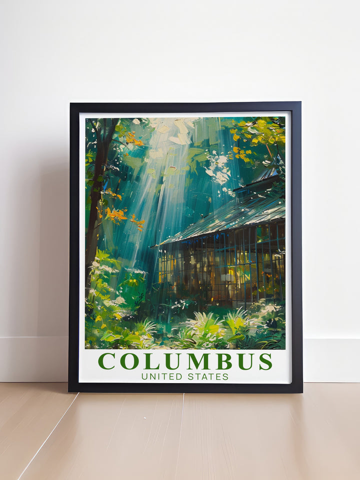 Ohio poster with Columbus skyline and Franklin Park Conservatory artwork. This modern print offers a unique blend of minimalistic travel art and classic vintage design perfect for personalized gifts or stylish living room decor in any home.