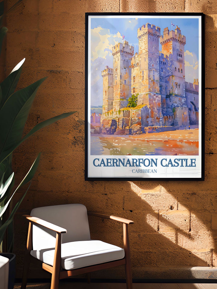 Experience the majestic beauty of Caernarfon Castle and the vibrant atmosphere of Castle Square with this retro travel poster, perfect for enhancing your living space with a piece of Wales.