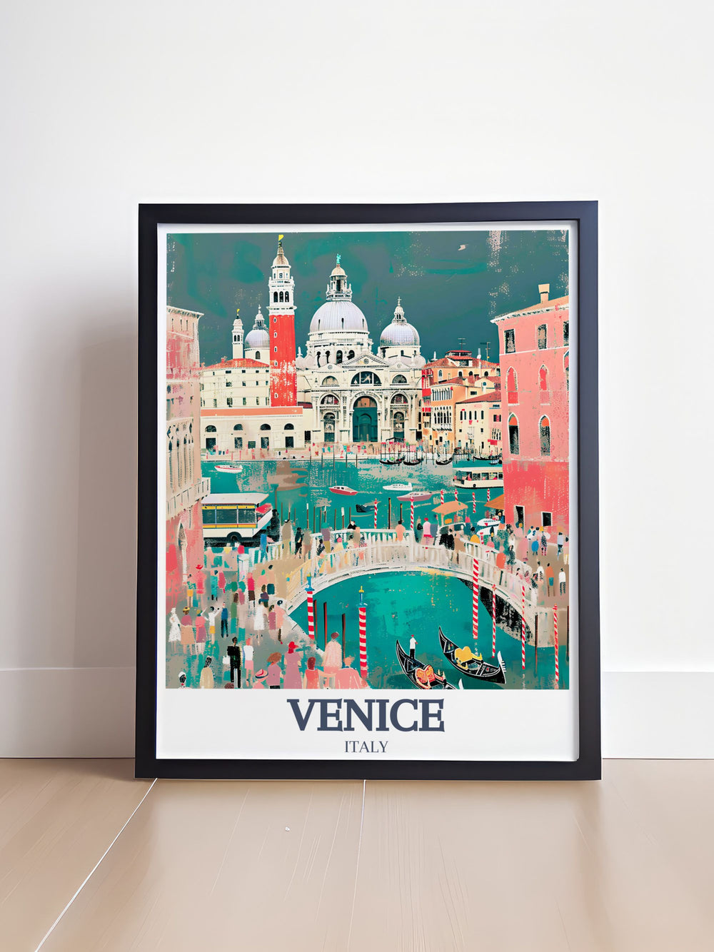 A beautiful travel print of Venice, featuring St. Marks Square and the Rialto Bridge. This artwork captures the essence of Venices romantic waterways and historical landmarks, making it the ideal gift for travelers and Italy enthusiasts.