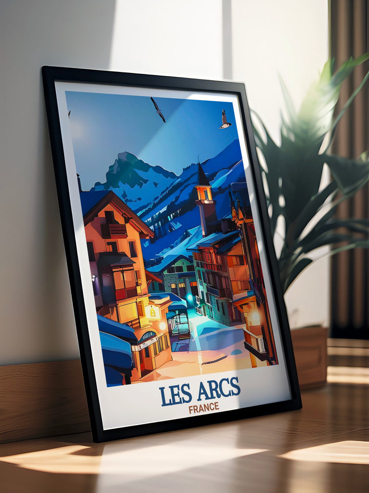 Bring the charm of the French Alps into your home with the "Les Arcs Framed Art," showcasing the beautiful Les Arcs 1950 Village. This vintage inspired poster evokes a sense of nostalgia while highlighting the timeless beauty of the snow covered alpine slopes.