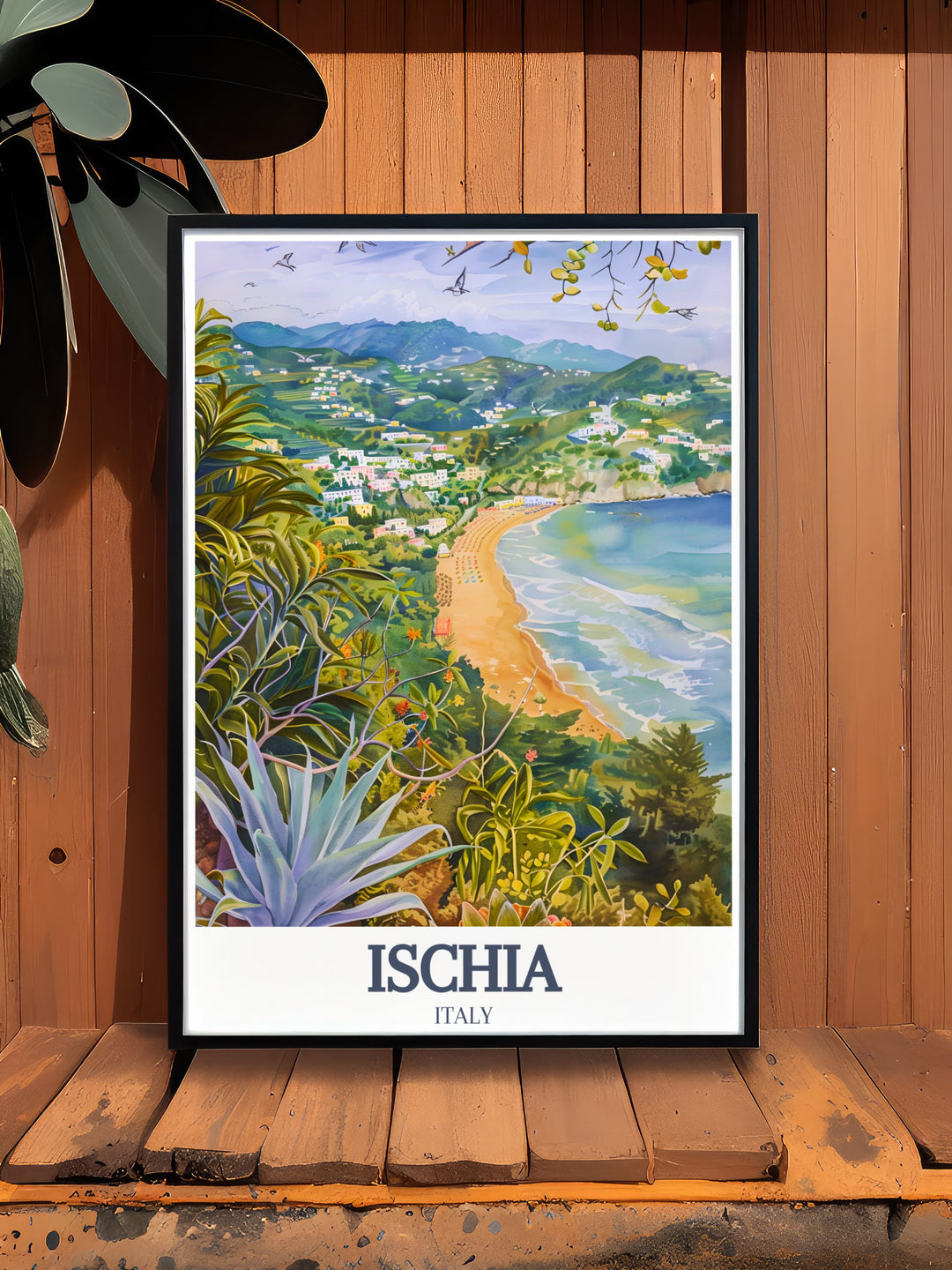 This Ischia art print captures the vibrant greens of Ischias Gardens and the peaceful blues of Maronti Beach. Perfect for home décor or as a personalized gift, this travel poster showcases the beauty of Italys charming island.