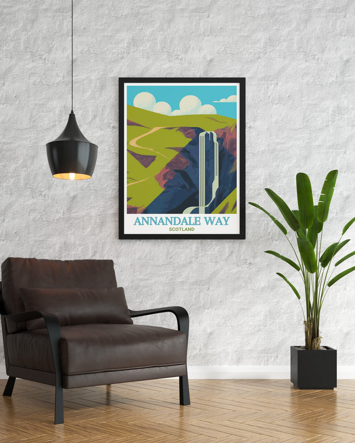 Elegant home decor with Annandale Way and Grey Mares Tail Modern Prints capturing the serene beauty of Scotlands Moffat Hills and Solway Firth this print is perfect for anyone who loves Scotland hiking art and appreciates fine wall decor