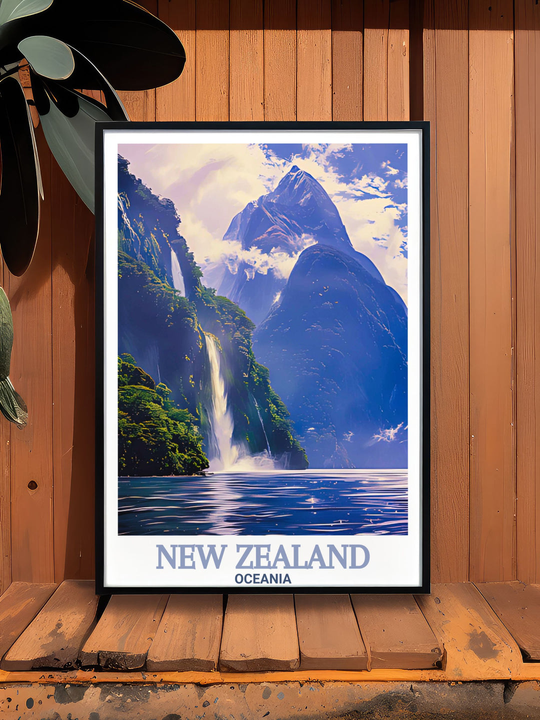 Stunning vintage travel poster featuring Milford Sound and Akaroa Lighthouse offering breathtaking views of New Zealands natural wonders perfect for wall art enthusiasts and those looking to enhance their home decor with national park scenery.