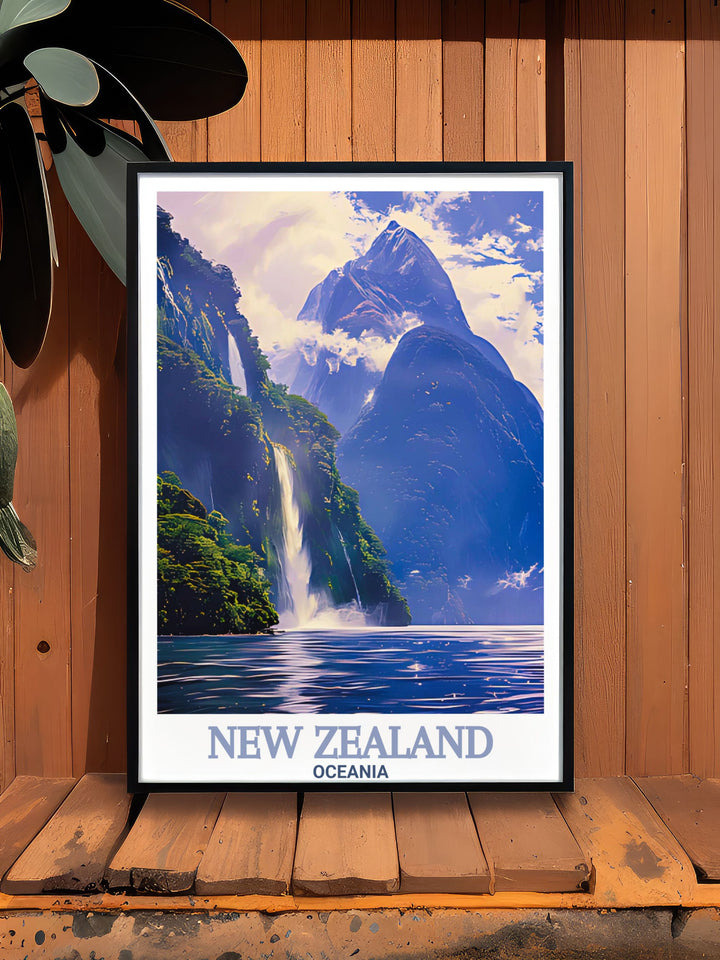 Stunning vintage travel poster featuring Milford Sound and Akaroa Lighthouse offering breathtaking views of New Zealands natural wonders perfect for wall art enthusiasts and those looking to enhance their home decor with national park scenery.