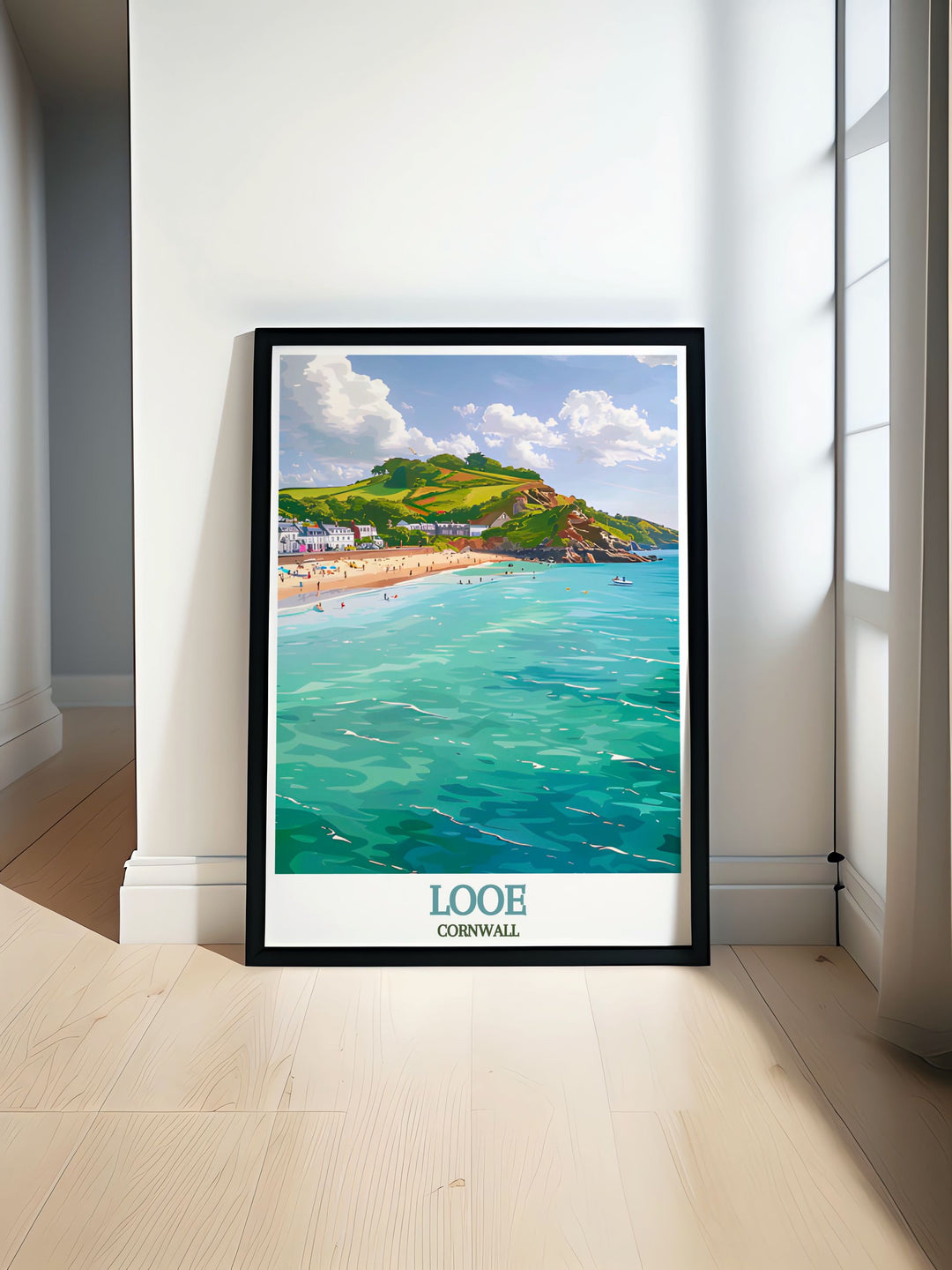 East Looe Beach travel print showing the serene coastline of Looe Cornwall perfect for adding a touch of tranquility to your home decor and making it an ideal gift for Looe enthusiasts and lovers of Cornwall wall decor and artwork.