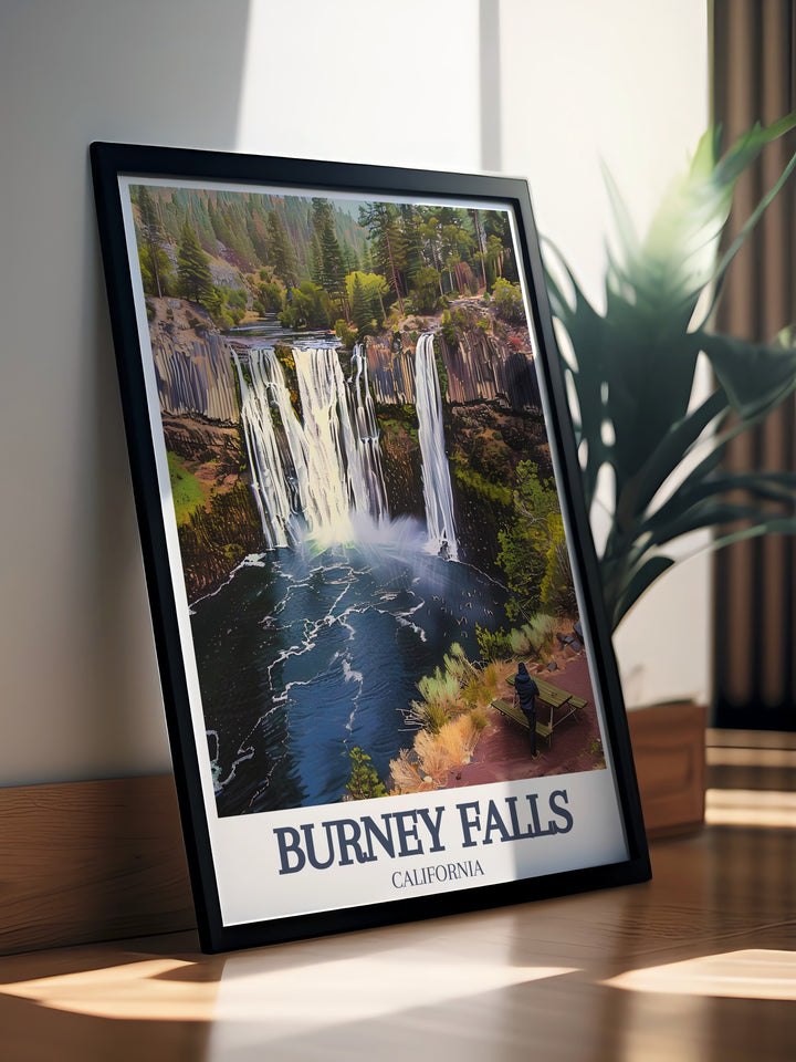 Burney Falls Print showcases McArthur Burney Falls Memorial State Park along the Pacific Crest Trail in vibrant detail a stunning piece of California decor that brings the serenity of the waterfall into your living room or office space with its calming natural beauty.