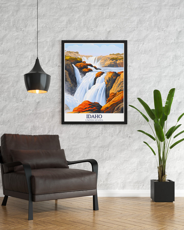 This travel poster of Shoshone Falls in Idaho highlights the dramatic falls of the "Niagara of the West." Perfect for those who love to explore the outdoors, this artwork brings the rugged beauty of Idahos natural landscape into any room.