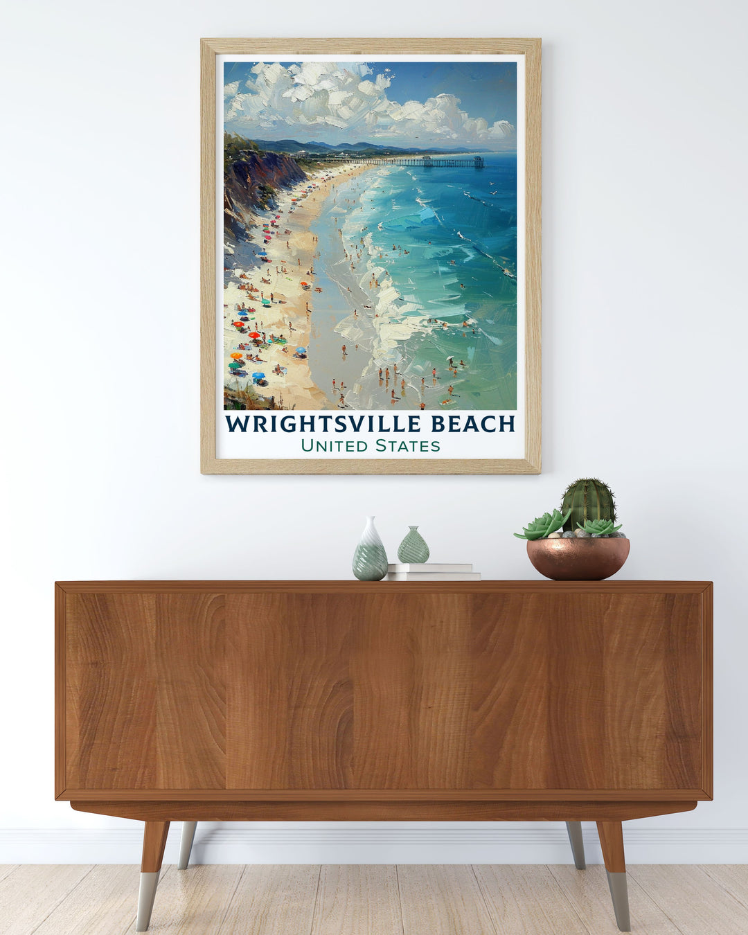 Elegant gallery wall art featuring the tranquil setting of Wrightsville Beach, North Carolina. This piece brings the coastal charm and vibrant community to your home, making it a standout feature in any room, perfect for art lovers and travel enthusiasts.