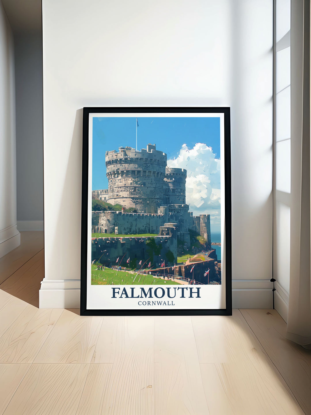 Pendennis Castle travel poster showcasing the historic fortress in Falmouth, Cornwall. This beautiful print captures the architectural splendor and scenic surroundings, making it a perfect addition to any home decor.