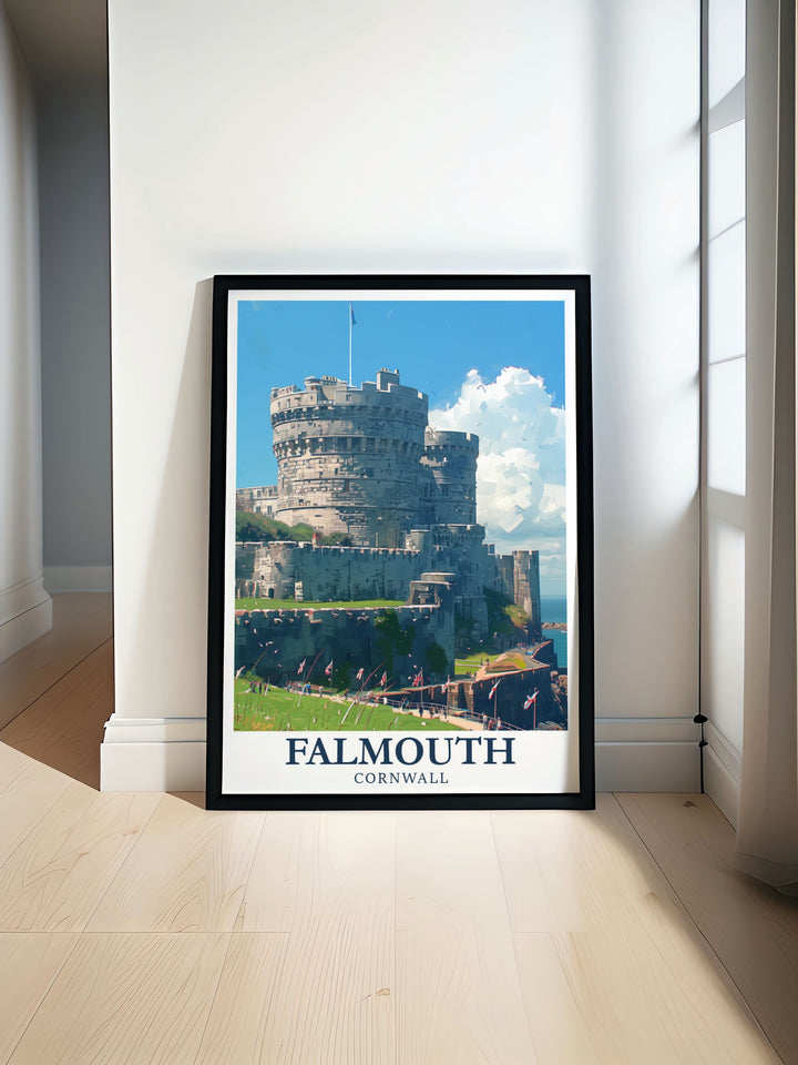 Pendennis Castle travel poster showcasing the historic fortress in Falmouth, Cornwall. This beautiful print captures the architectural splendor and scenic surroundings, making it a perfect addition to any home decor.