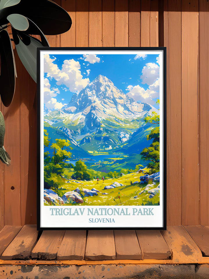 Detailed illustration of Slovenias Triglav National Park, featuring alpine meadows, dense forests, and crystal clear lakes.