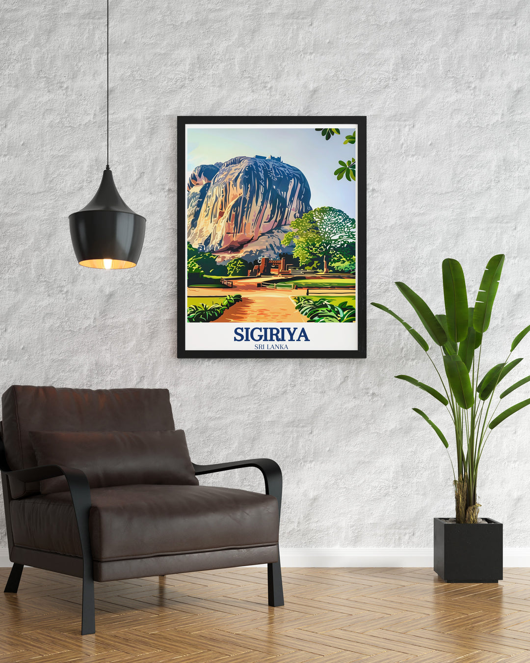 Wall art of Sigiriyas Lions Rock, a historical fortress in Sri Lankas Matale District. The print captures the fortresss dramatic presence and the lush greenery that envelops it, perfect for bringing a piece of Sri Lankas history and beauty into your home decor.