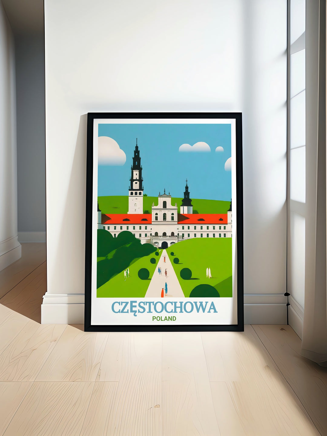 This Częstochowa poster print captures the spiritual and architectural beauty of Jasna Góra Monastery, a significant pilgrimage site in Poland. The travel art offers a stunning view of the monastery, perfect for home décor or as a Poland travel gift.