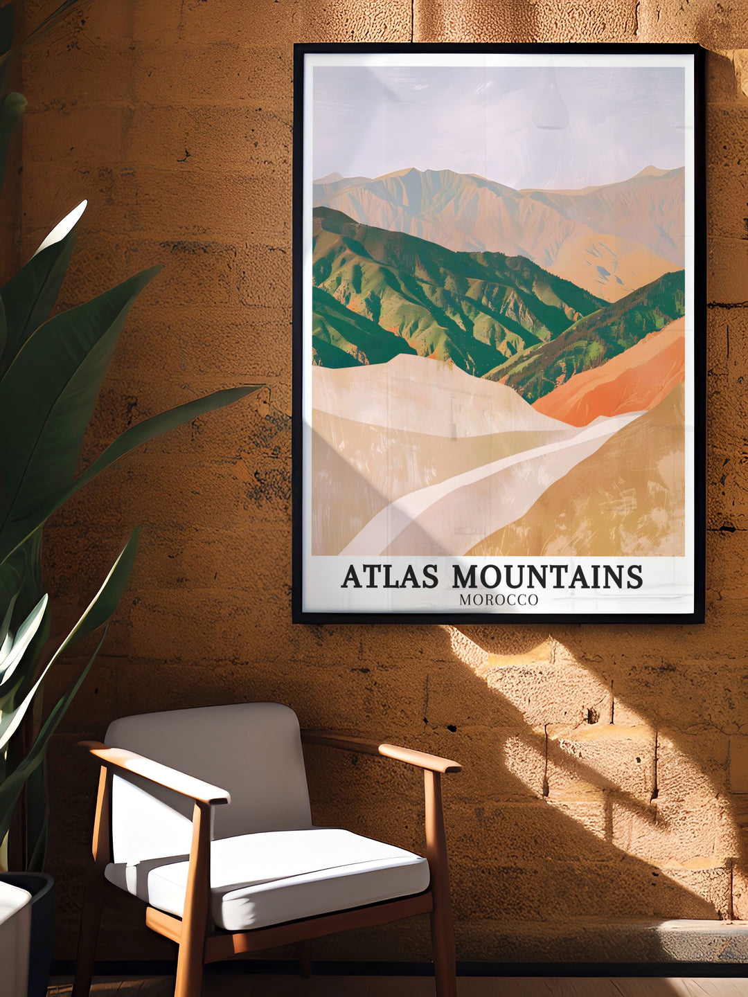 Vintage travel print of Chefchaouen Morocco highlighting the blue washed streets with Tizi nTichka Pass High Atlas mountains in the background ideal for those who appreciate retro travel posters and the rugged landscapes of Morocco