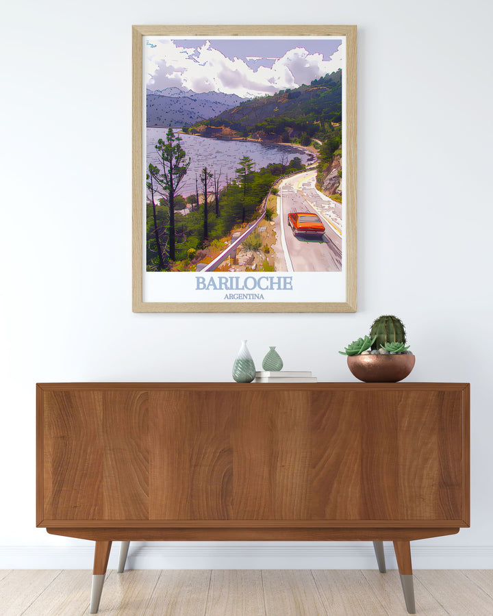 Captivating travel poster of Bariloche, capturing the iconic Route of the Seven Lakes and the serene town of San Carlos. Perfect for nature lovers and those who appreciate the beauty of Argentinas landscapes, enhancing your home or office decor.