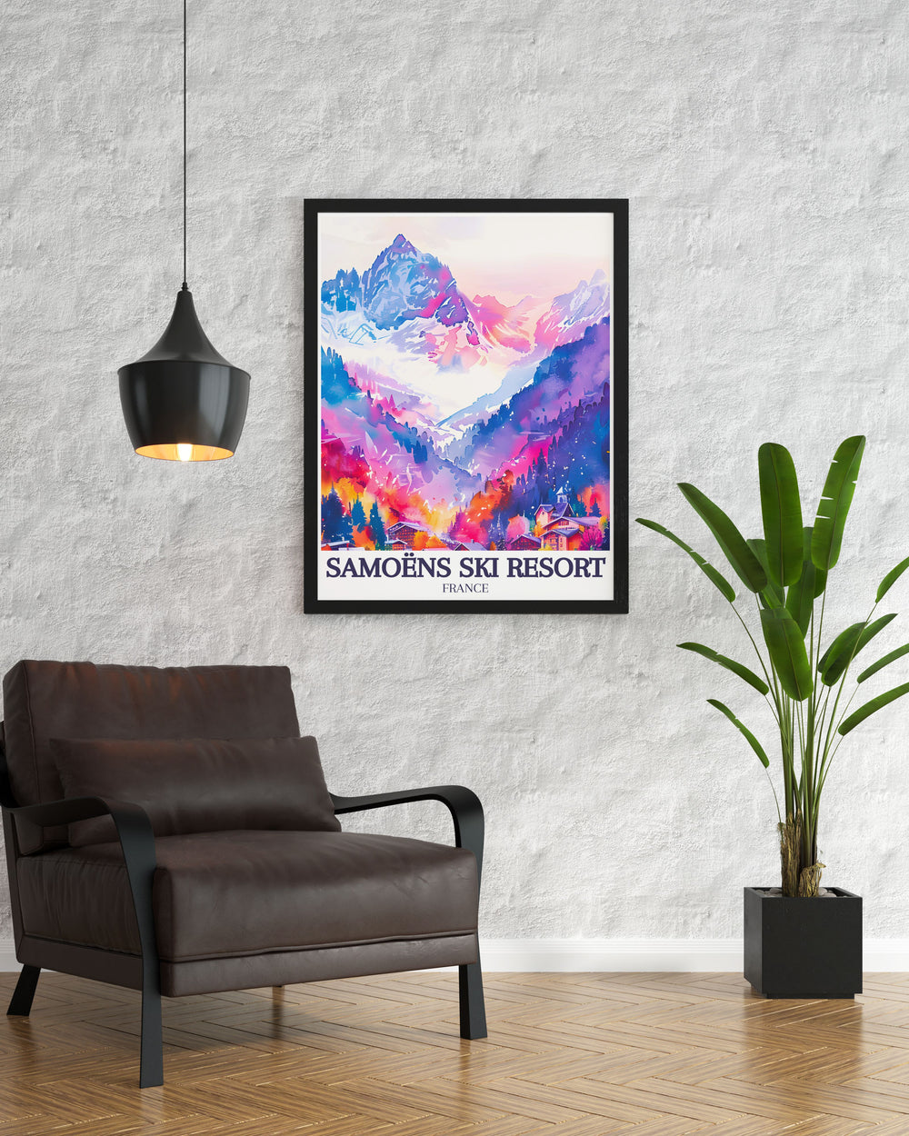 Vibrant Snowboarding Print highlighting Mont Blanc Grand Massif French Alps an ideal addition to your modern home decor bringing the thrill of Sixt Flaine Samoens into your living space