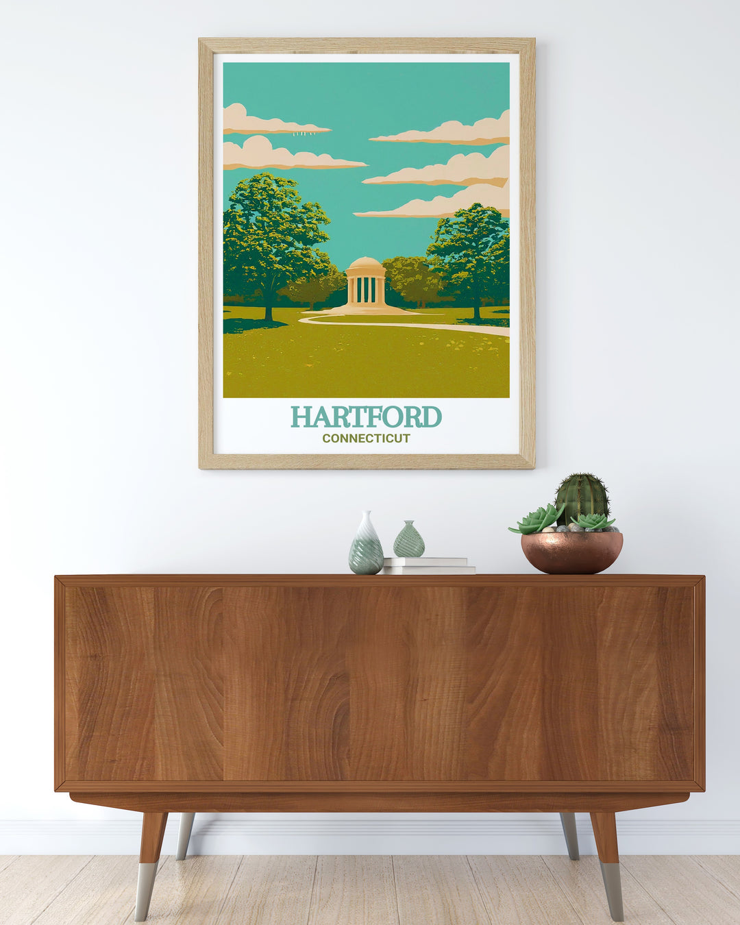 Hartford art print featuring Bushnell Park as the focal point in a colorful and detailed design. Ideal for brightening up any room this modern print makes a fantastic addition to your wall art collection or a thoughtful gift for any occasion.