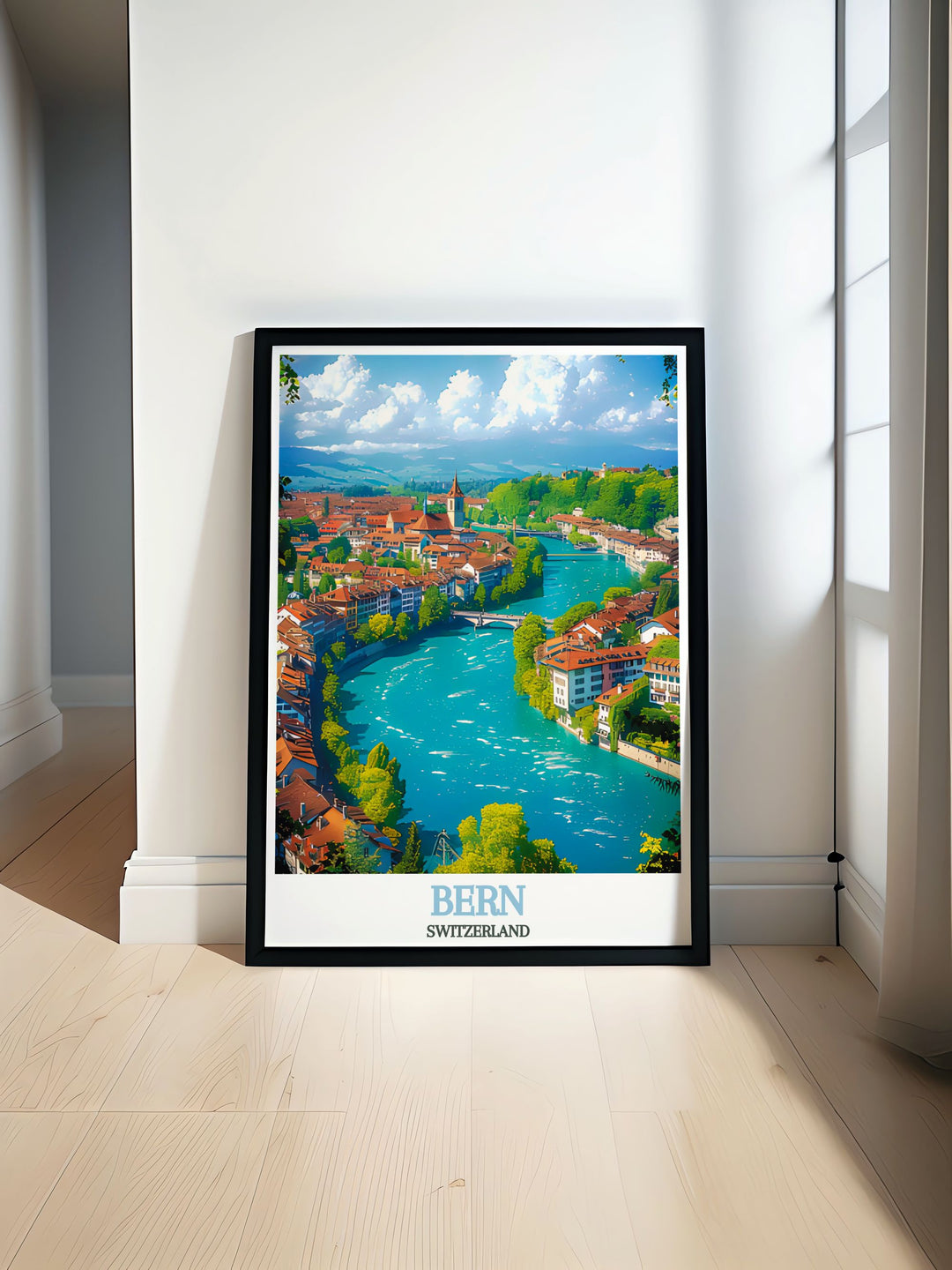 Berns vibrant cityscape and the serene flow of the Aare River are illustrated in this travel poster, offering a perfect blend of urban beauty and natural tranquility.