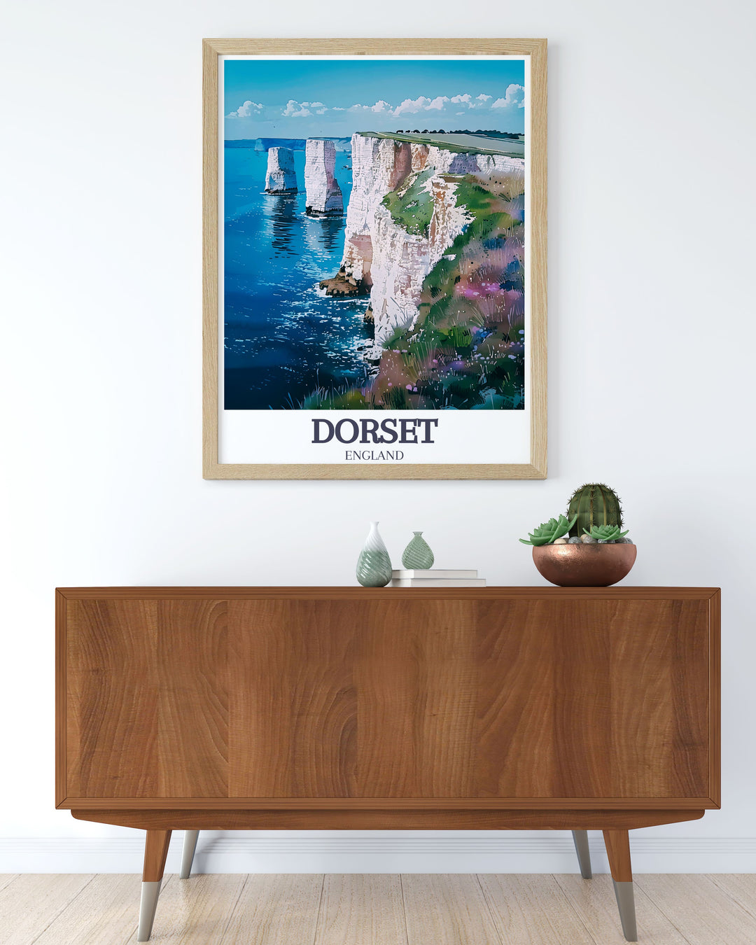 Dorsets scenic coastline is depicted in this poster, celebrating its natural beauty and ancient landscapes, ideal for adding a touch of coastal charm to your home.