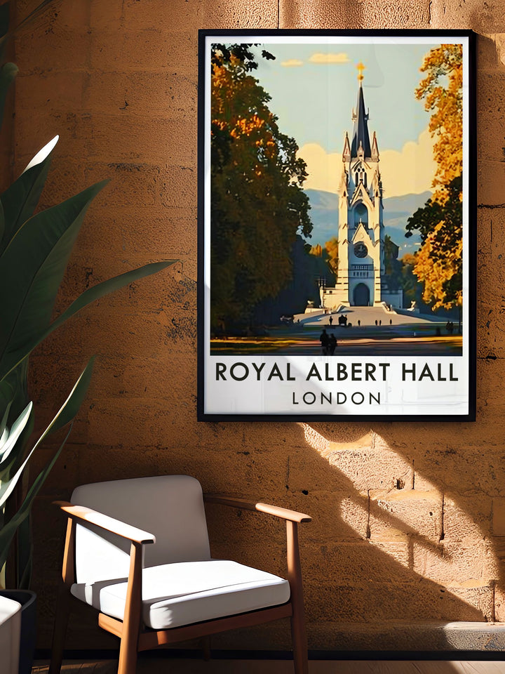 London travel print highlighting the Royal Albert Hall and Albert Memorial perfect for bucket list prints and gifts for those who love London architecture and music venues