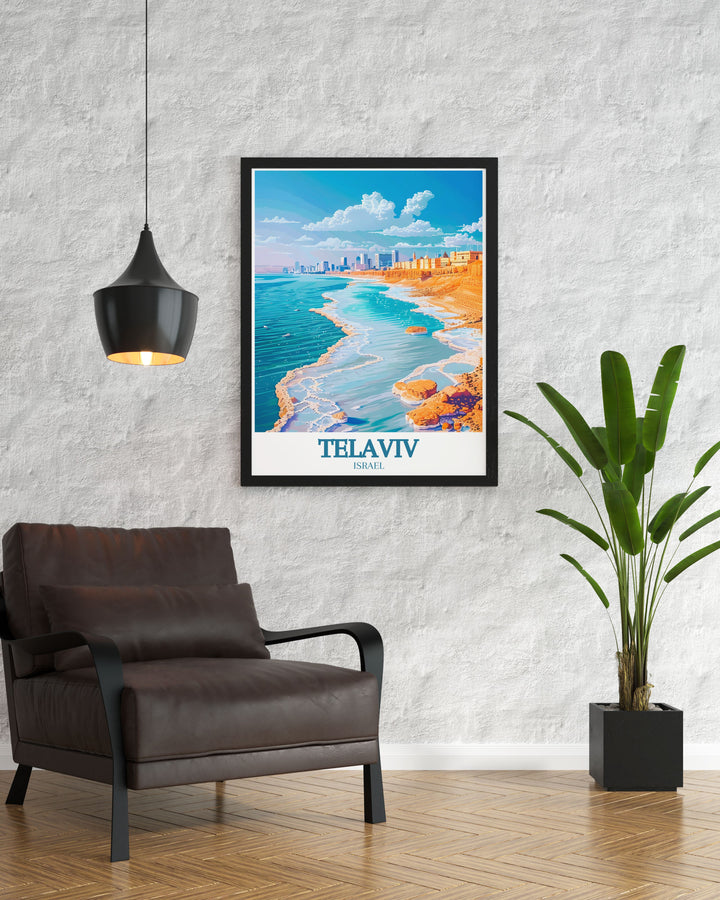 This art print features the mystical Dead Sea, capturing its tranquil waters and therapeutic mud. Ideal for those who love serene settings and natural beauty, this poster brings the charm of Israel into your decor.