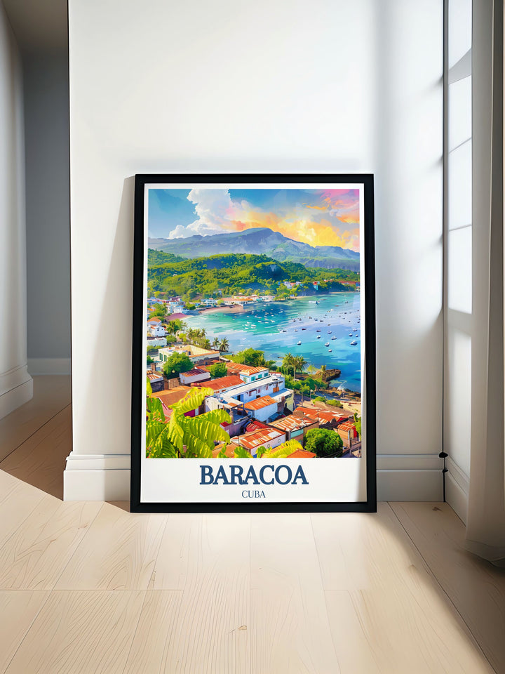 Stunning Baracoa poster featuring the tranquil Baracoa Bay, capturing the serene waters and lush coastal greenery of this iconic Cuban location. Perfect for adding a touch of Cubas natural beauty to your home decor.