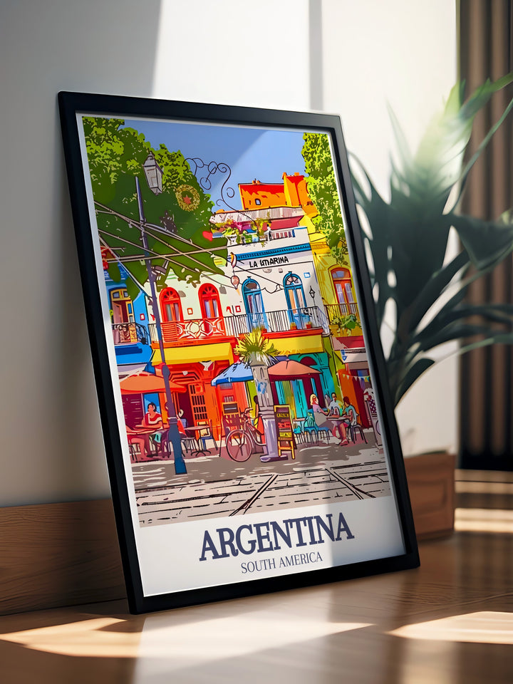Unique Buenos Aires, La Boca travel poster showcasing the vibrant streets and cultural richness of this famous neighborhood. Perfect for Argentina decor in your home or office. A beautiful addition for anyone who loves travel and art.