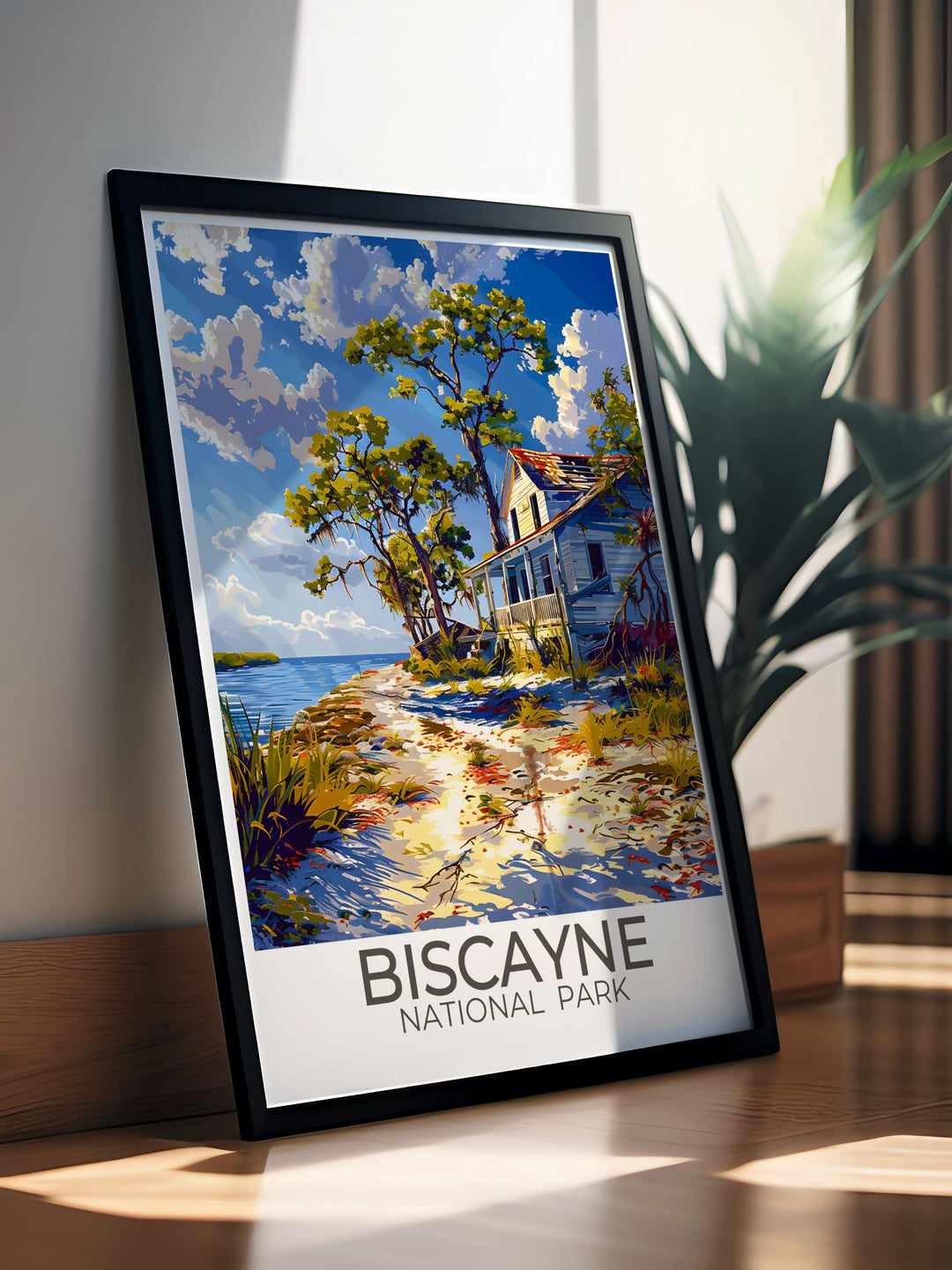 Beautiful Biscayne National Park travel poster capturing the scenic Maritime Heritage Trail and the underwater beauty of the coral reefs, perfect for enhancing your home or office with the parks iconic landmarks.
