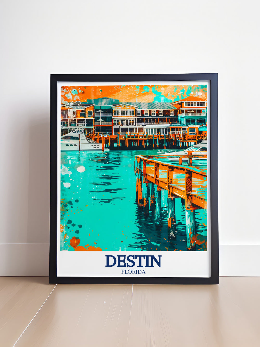 Florida coastal decor print featuring the Destin Harbor, with its emerald waters and bustling boardwalk. This travel poster captures the essence of a perfect beach day, making it a must have for your vacation home or beach themed decor.