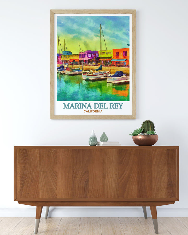 Colorful Marina del Rey street map print designed to add a lively touch to your living space. Fishermans Village artwork is also featured making this wall art perfect for modern decor and an excellent gift option for birthdays Christmas or anniversaries.