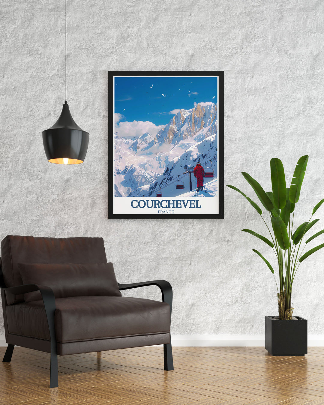 A stunning Courchevel poster featuring the legendary La Saulire peak in the French Alps. This travel print captures the adventure of skiing and is perfect for adding a touch of alpine beauty to any room or gifting to a winter sports lover.