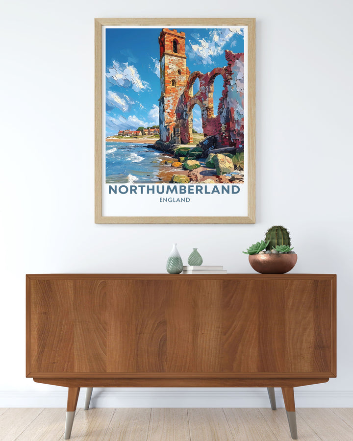 Experience the serene landscapes and historical charm of Holy Island with this vintage travel print. Perfect for home decor and unique gift ideas, this artwork captures the islands beauty and tranquility.