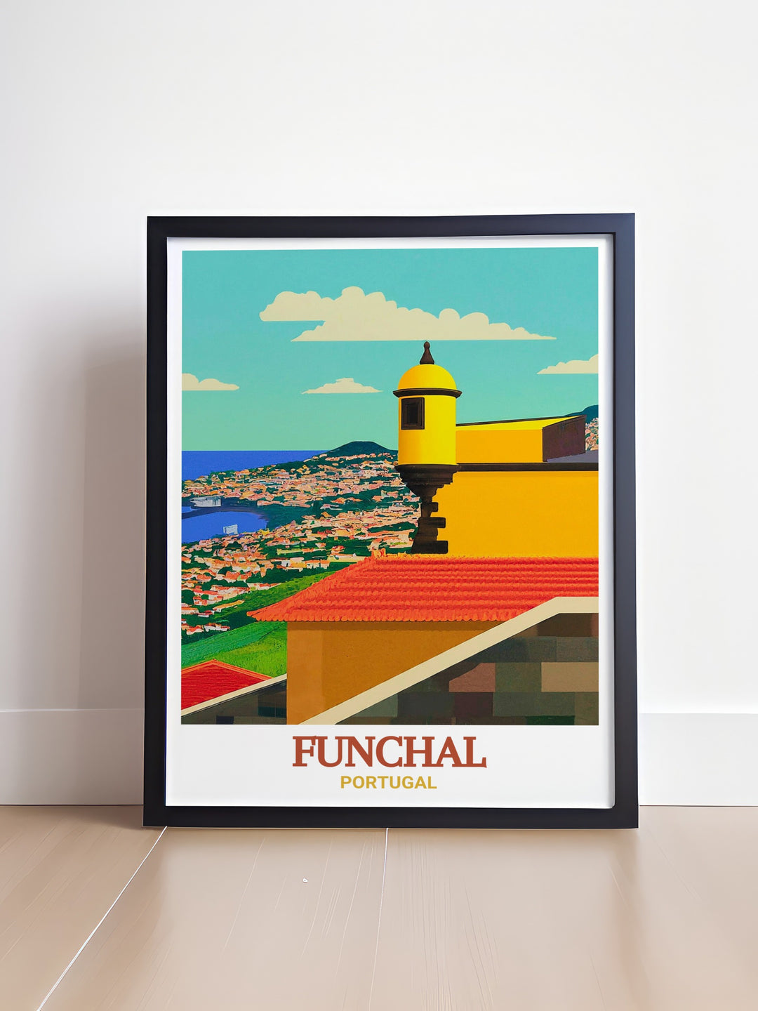 Experience the grandeur of São Tiago Fortress with this Funchal wall art. The detailed depiction of the fortresss bold architecture and its scenic surroundings makes this travel poster a standout piece for any home, offering a touch of Portugals historical charm and elegance.