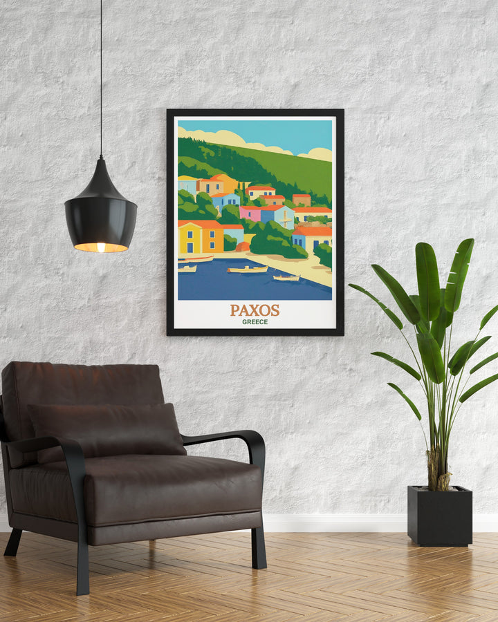 Elegant Paxos travel gift featuring the picturesque Loggos village this Greece island print is a perfect choice for travel lovers and collectors of art and collectibles ideal for adding a touch of Mediterranean charm to your home decor or gifting on special occasions