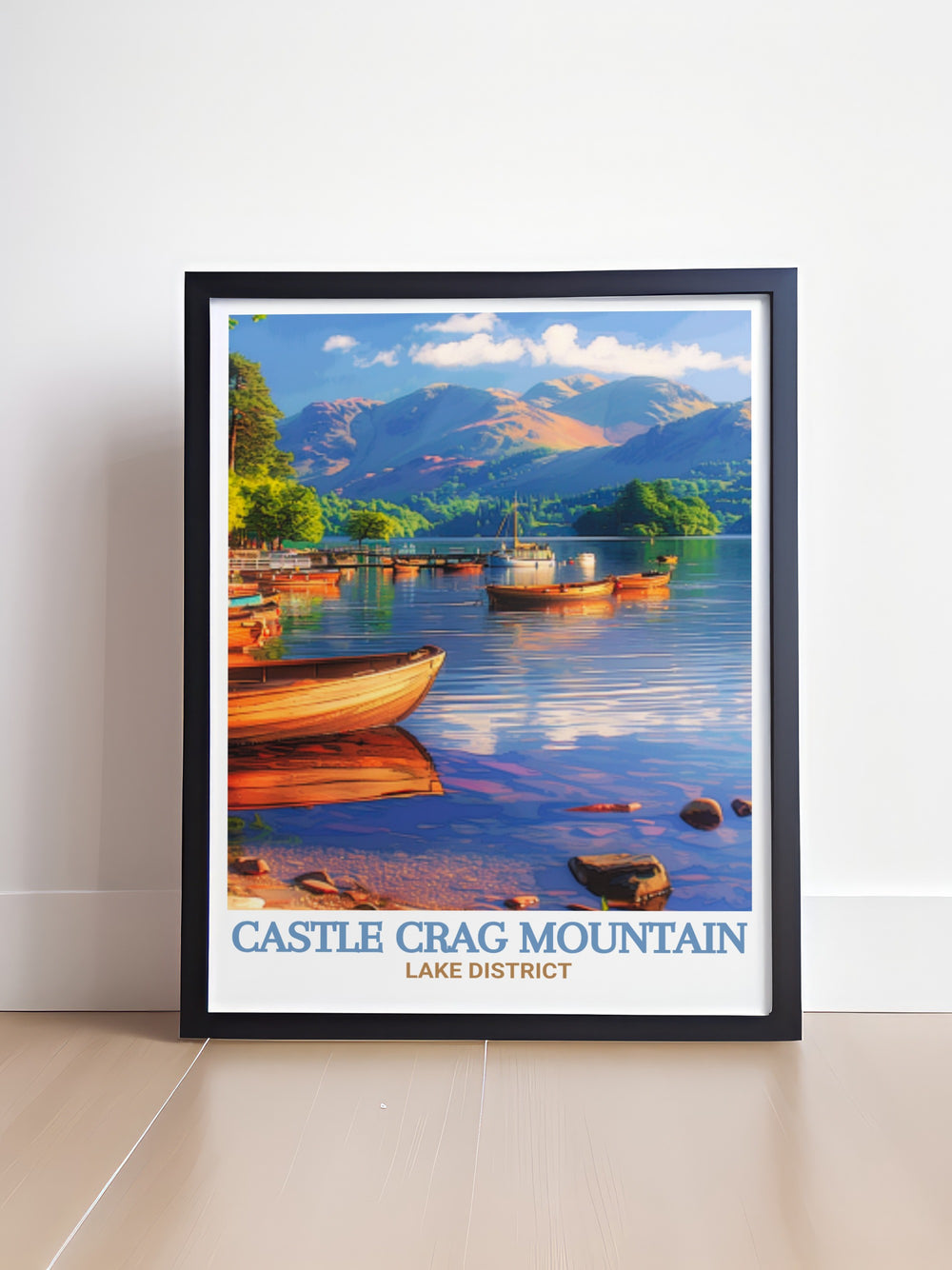 Derwentwater travel print highlighting the tranquil waters and surrounding peaks of Keswick, perfect for those who love the natural beauty of Cumbrias Lake District.