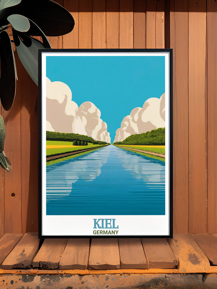 Bring the essence of Kiel into your home with this travel print, featuring the beautiful Kiel Canal. The artwork captures the scenic view of the canal and surrounding landscape, perfect for maritime enthusiasts and Germany lovers.