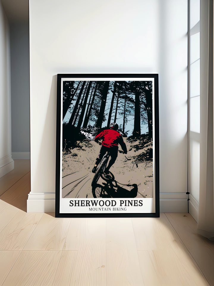 Sherwood Pines and Big Bertha Trail art deco travel posters showcasing vibrant landscapes and challenging trails of the East Midlands. These framed travel posters are ideal for adding a touch of adventure to your wall decor. Experience the thrill of Sherwood Pines through our beautifully crafted art deco travel posters.