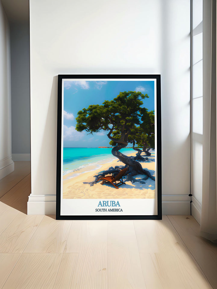 Aruba art print highlighting the stunning landscapes and azure waters of Eagle Beach an ideal piece for nature lovers and adventurers looking to bring a touch of the Caribbean into their homes with high quality fine line artwork